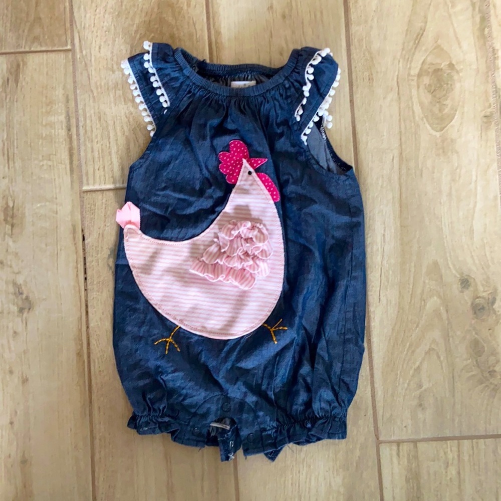 Mud Pie Baby Girl 9-12 Months Denim Pink Chicken